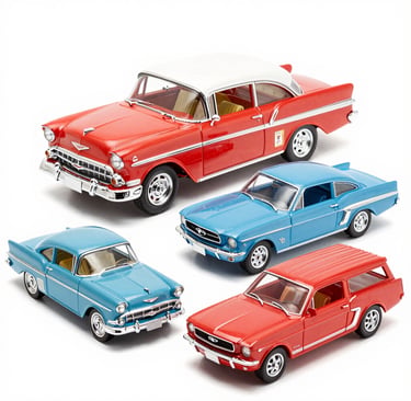 Collection of vintage diecast model cars including a red 1956 Chevy Bel Air and blue Ford Mustang.