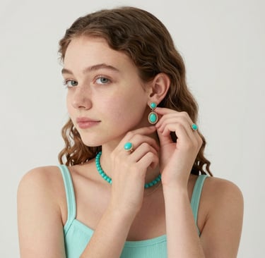 Young woman wearing elegant turquoise jewelry including drop earrings, rings, and a beaded necklace.