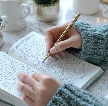 Main d'une jeune femme en train d'écrire dans son journal intime