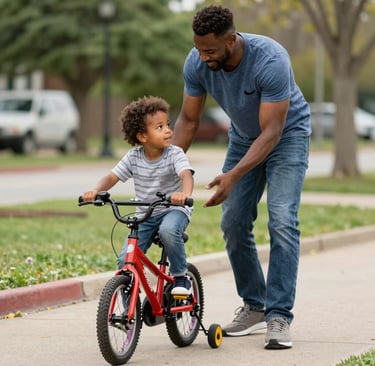 A peaceful park scene where a child rides a bike with one parent cheering on the side.