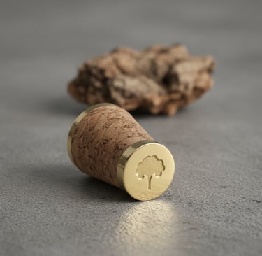 Elegant gold-capped wine cork with a tree engraving on a grey stone surface.
