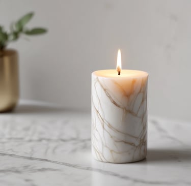 A serene, softly lit corner featuring a curated arrangement of luxury candles, delicate home scents, and elegant decor pieces in neutral tones.