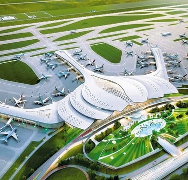 Aerial architectural render of the new Long Thanh International Airport in Vietnam featuring its ico
