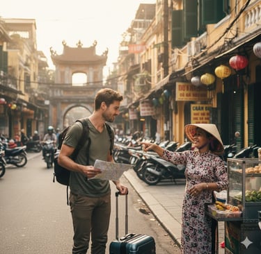 tourist in busy Vietnamese street, asking for directions