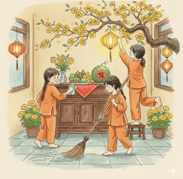 Vietnamese family cleaning and decorating their home before Tết, lanterns, yellow apricot blossoms