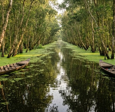 Trà Sư cajuput forest in An Giang, Vietnam, with boats moving through green flooded wetlands