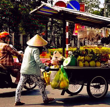Soc Trang City street scene with fruit seller and a woman on a motorbike