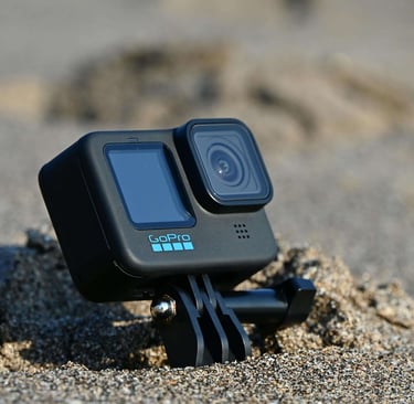 GoPro camera in the sand on a beach