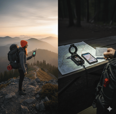 Split graphic. One side showing a lone hiker on top of a mountain. The other side showing a map with a compass.