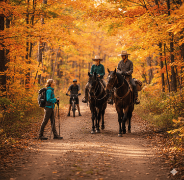 Hiker talking to two horse riders on a trail in the woods.