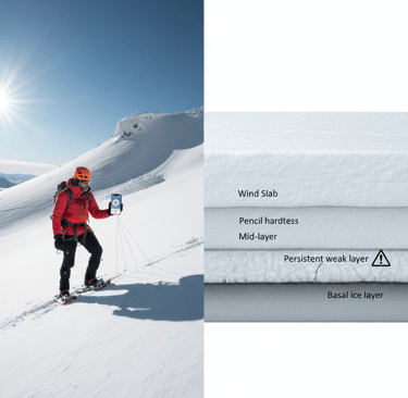 Hiker going up snow covered mountain.