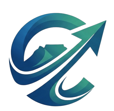 Modern blue and teal circular mountain logo featuring a stylized upward arrow and peak.