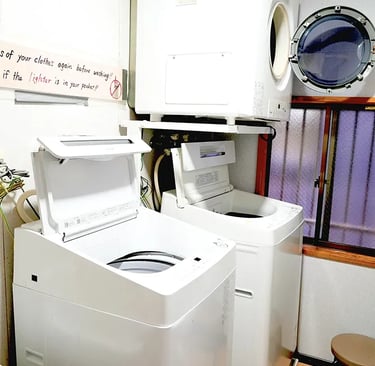 We have a washing machine and a dryer in our shared facilities area. Perfect for long-term guests to