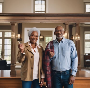 A happy family standing in front of their new home holding golden keys with a green and gold themed backdrop