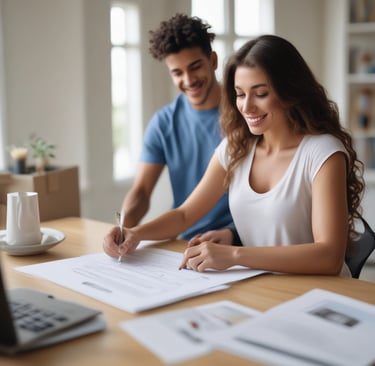 Smiling mortgage advisor consulting with a couple in a warmly lit modern office featuring gold accents