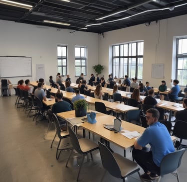 A group of people setting up donation booths with colorful banners