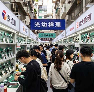 Lozi Shenzhen street scene with colorful market stalls and lively crowds.