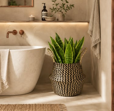 Woven rattan plant basket with snake plant styled in a warm biophilic bathroom with copper accents a