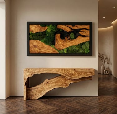 Biophilic olive wood wall art with preserved moss above sculptural olive wood console table in warm 