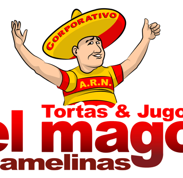 Logo for El Mago Camelinas featuring a man in a sombrero for a tortas and juice shop.
