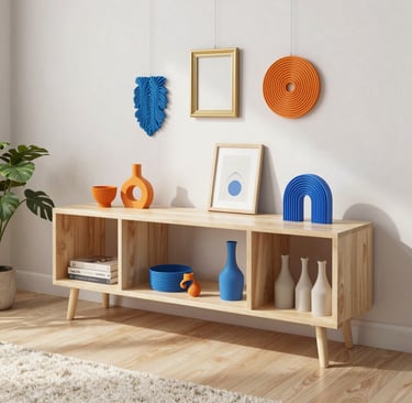 Variety of 3D printed gadgets and accessories displayed on a modern shelf