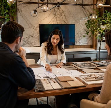 An interior designer reviews architectural blueprints and material samples with a couple in a modern office.