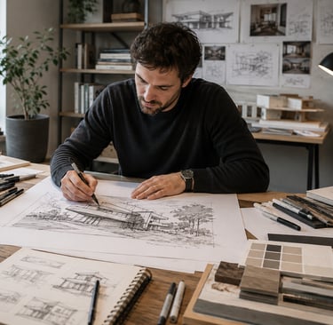 An architect sketches a modern house design at a wooden desk with architectural blueprints and tools.