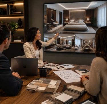 Interior designer presenting luxury home renderings to clients in a modern office.