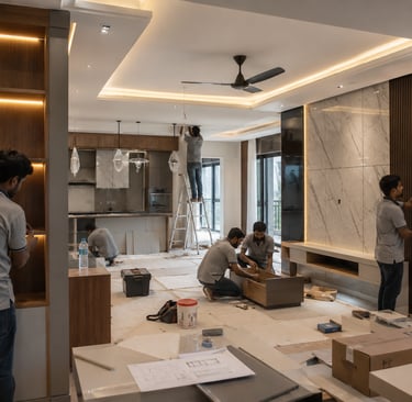Professional interior designers and contractors installing custom furniture and lighting in a luxury home.
