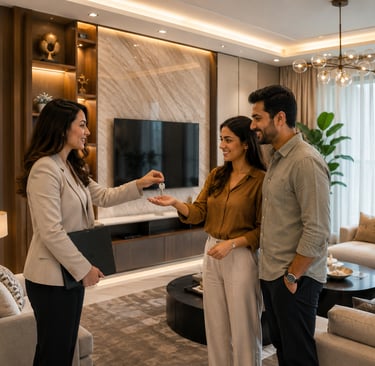Real estate agent handing house keys to a happy couple in a modern luxury apartment.