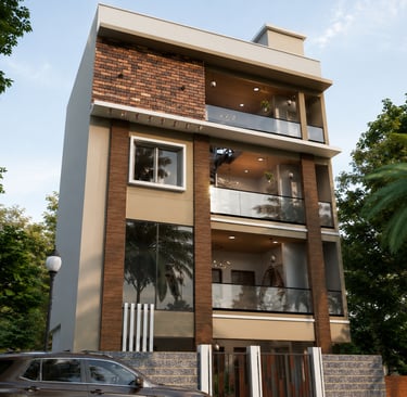 Modern four-story residential building with brick accents, wood paneling, and glass balconies.