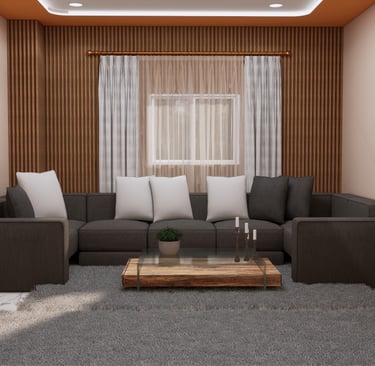 Modern living room featuring a dark grey sectional sofa, wood slat wall paneling, and a rustic coffee table.