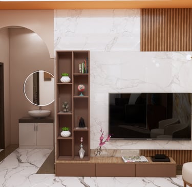 Modern living room featuring a marble TV wall panel with wood slats and an arched hallway entrance.