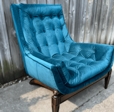 newly reupholstered arden chair with teal blue velvet and button tufting