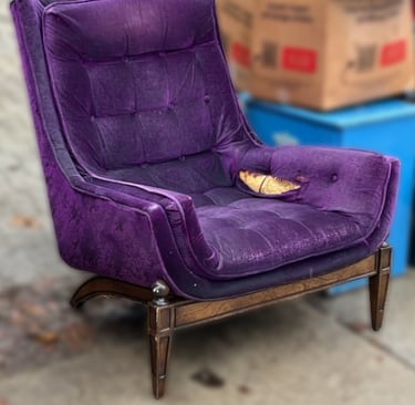 purple velvet arden chair with large hole in the arm