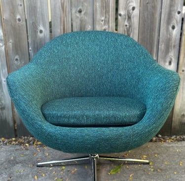 newly reupholstered Overman style egg chair in blue tweed fabric