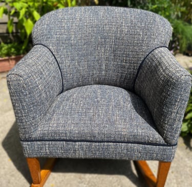 reupholstered rocking chair in blue tweed with welt detail