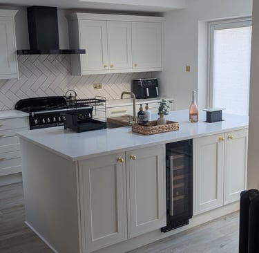 white kitchen, with black and gold accents