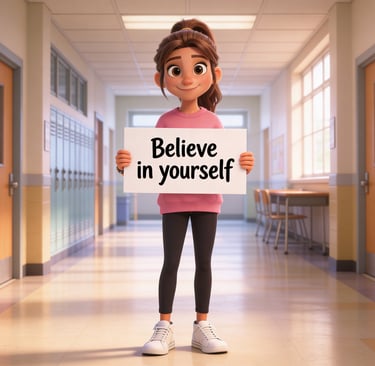 Animated middle schooler holding a sign that says Believe in yourself, standing in a school hallway.