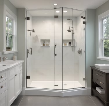 Before and after transformation of a bathroom featuring crushed stone shower surrounds.