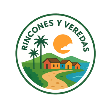 Circular logo for Rincones y Veredas featuring a tropical landscape with mountains, palm trees, and colorful houses.