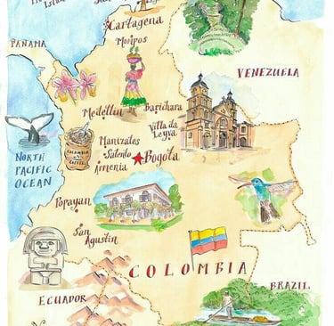 Illustrated tourist map of Colombia featuring top destinations like Cartagena, Medellin, and Bogota.