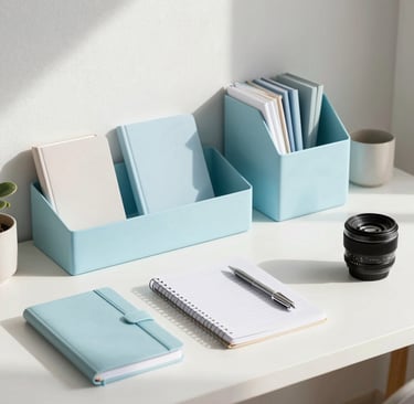 A beautiful, crisp photograph showing a modern trendy desk setup. Pastel sky blue organizers, cute designer notebooks, and aesthetic lifestyle accessories arranged with premium minimalism. Bright morning sunlight, North American trendy demographic.