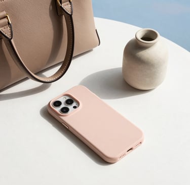 An aesthetic flatlay of trendy fashion accessories and home essentials on a white surface with breezy sky blue accents. A chic handbag, a cute pastel phone case, and a tiny minimalist vase. Soft natural lighting, premium and clean, North American trendy demographic.