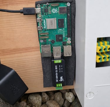 Raspberry Pi mit USB‑RS485‑Adapter, verbunden mit einem elektronischen Energiezähler zur Modbus‑Date