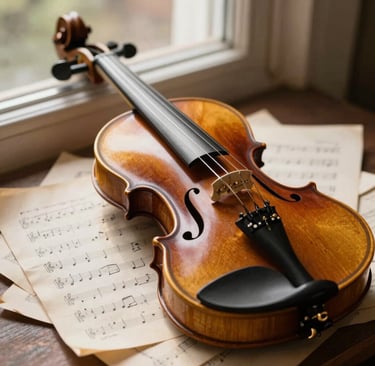 A close-up photograph of a vintage, beautifully crafted violin resting on a stack of aged, classical sheet music. Golden-hour light from a window in Dudley, West Midlands, highlights the rich texture of the wood and the elegant curves. Sophisticated, nostalgic, and quiet.