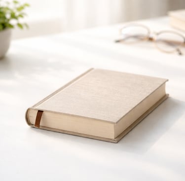 a book with a bookmark on it and a plant in the background