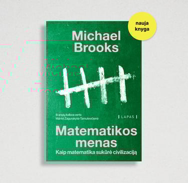 Green book cover of Matematikos menas by Michael Brooks featuring a white tally mark graphic.