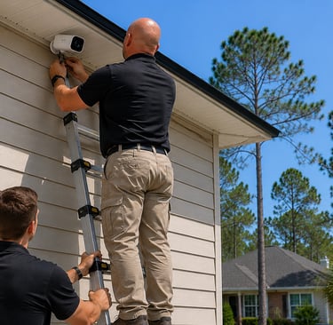 DLT technician installing a home security camera on a residential house using a tall ladder.