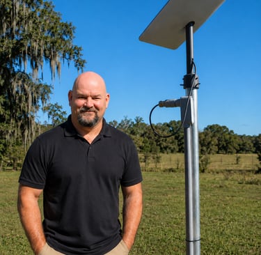 Donnie standing next to a pole-mounted Starlink satellite dish in a rural grassy field.